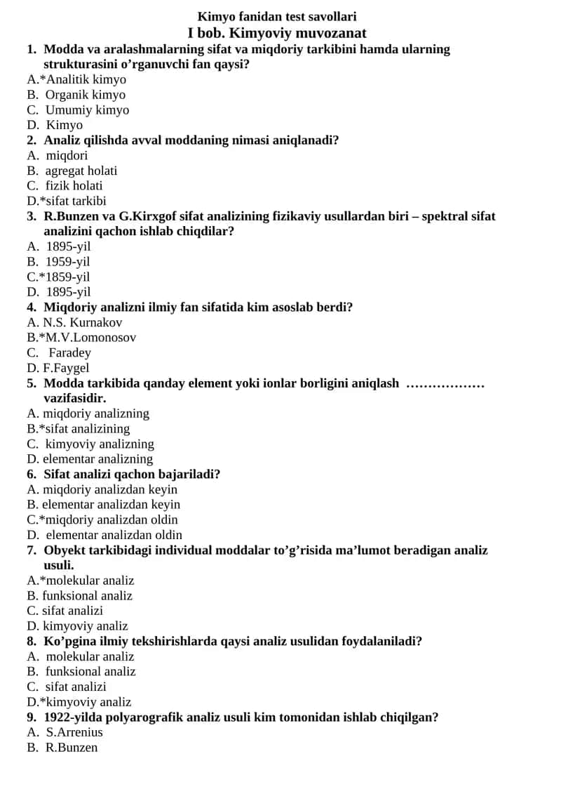 Kimyo fanidan test savollari