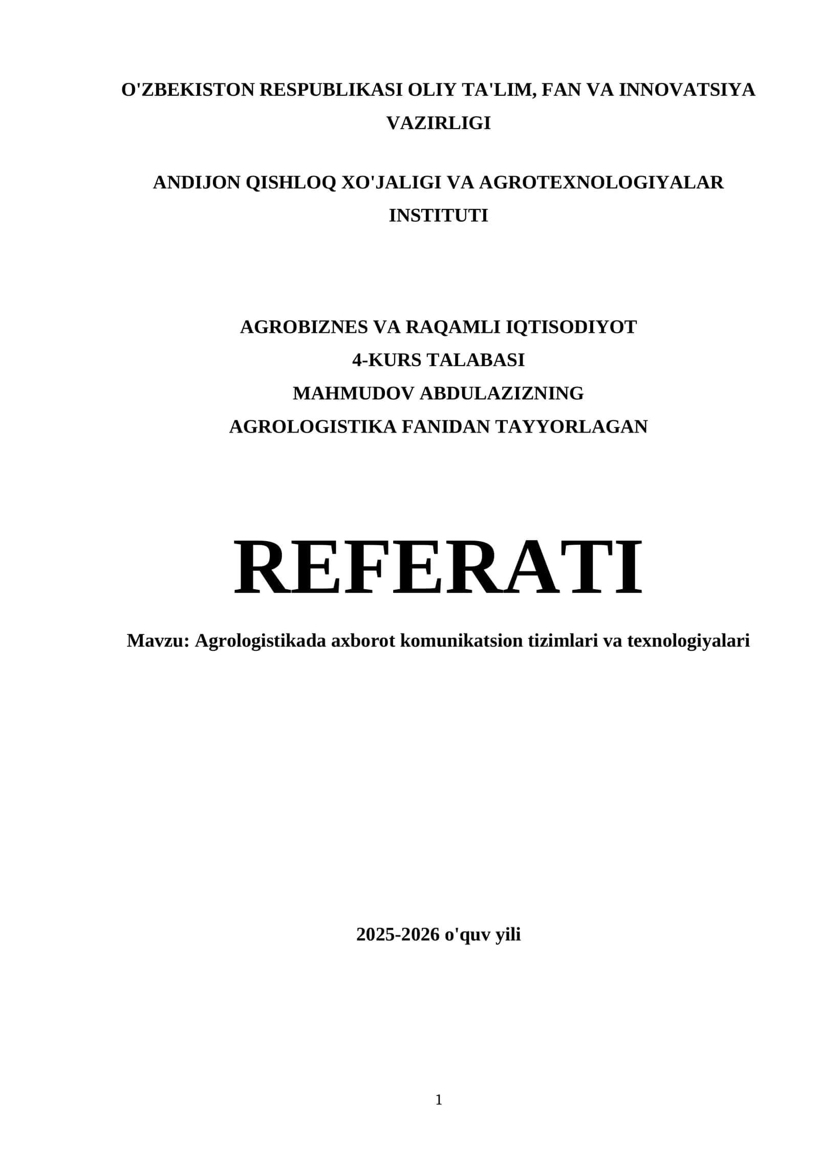 Agrologistikada axborot kommunikatsion tizimlari va texnologiyalari