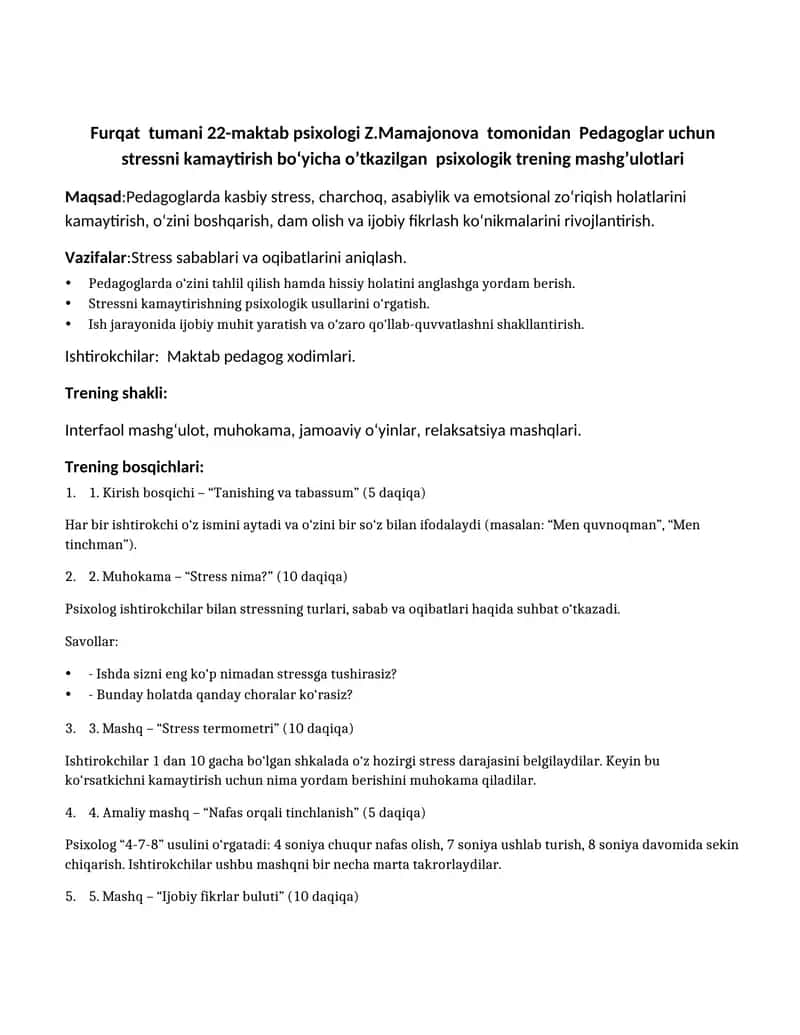 Pedagoglarda Stressni oldini olish