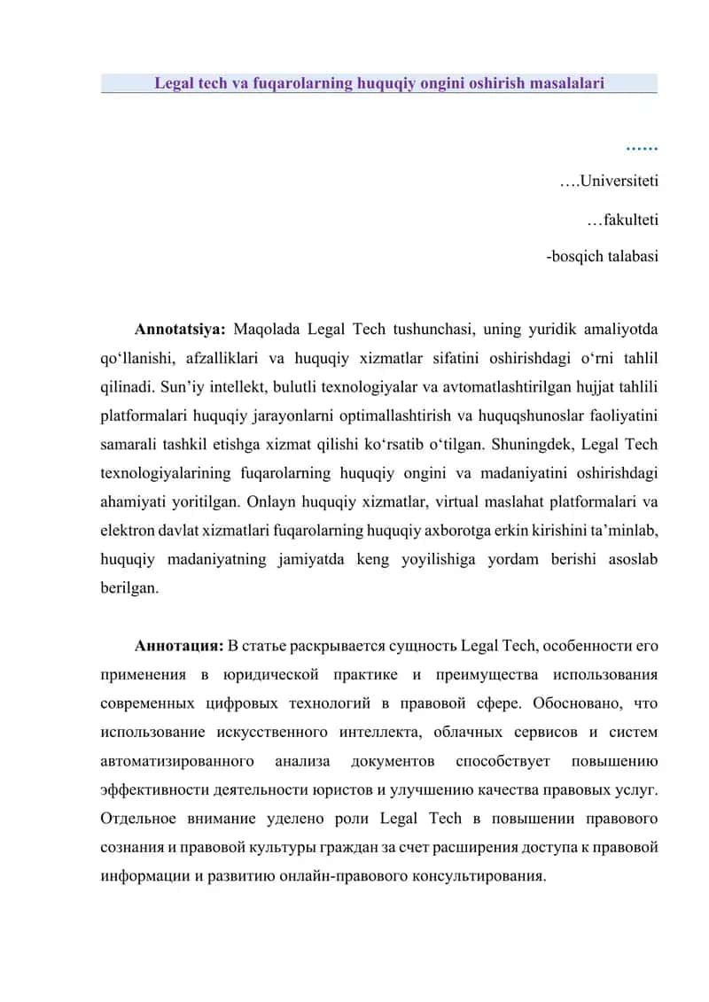 Legal tech va fuqarolarning huquqiy ongini oshirish masalalari