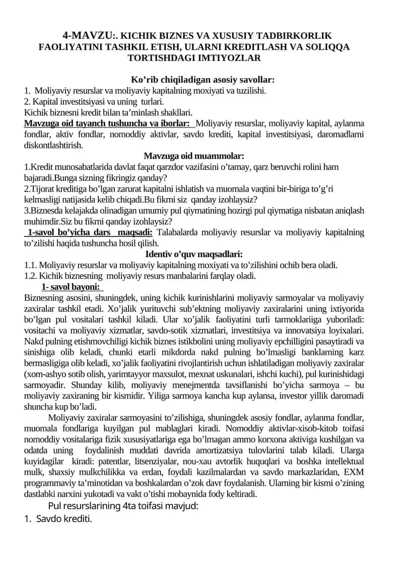 Kichik Biznes va Xususiy Tadbirkorlik Faoliyatini Tashkil Etish
