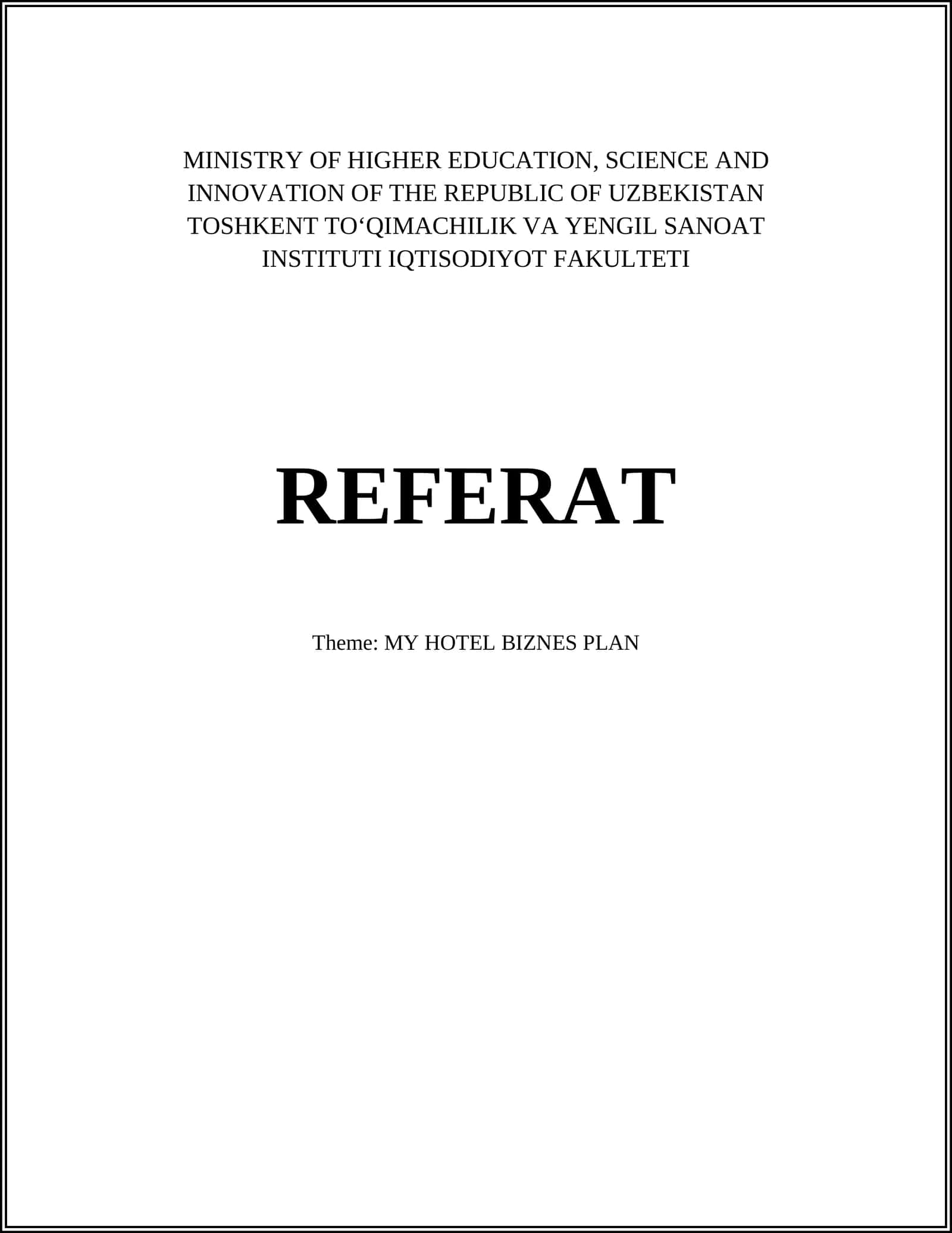 REFERAT Theme: MY HOTEL BIZNES PLAN