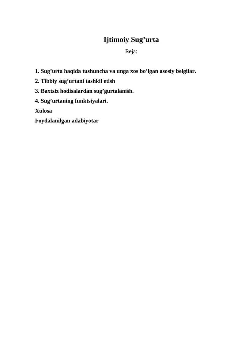 Sug'urta haqida tushuncha va unga xos bo’lgan asosiy belgilar