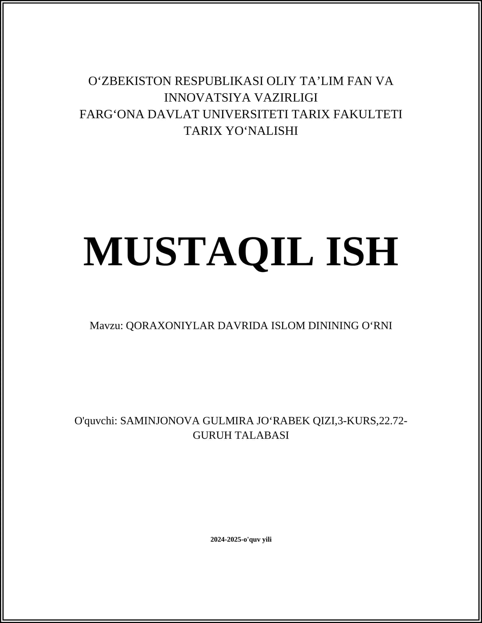 QORAXONIYLAR DAVRIDA ISLOM DININING OʻRNI
