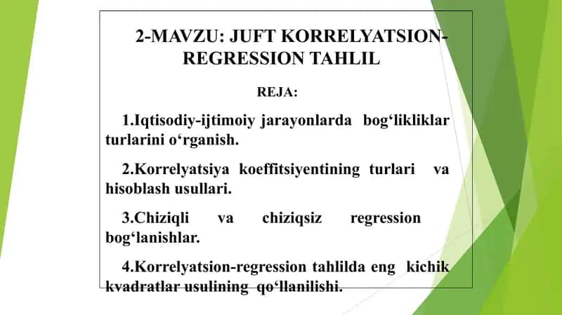 JUFT KORRЕLYATSION-RЕGRЕSSION TAHLIL