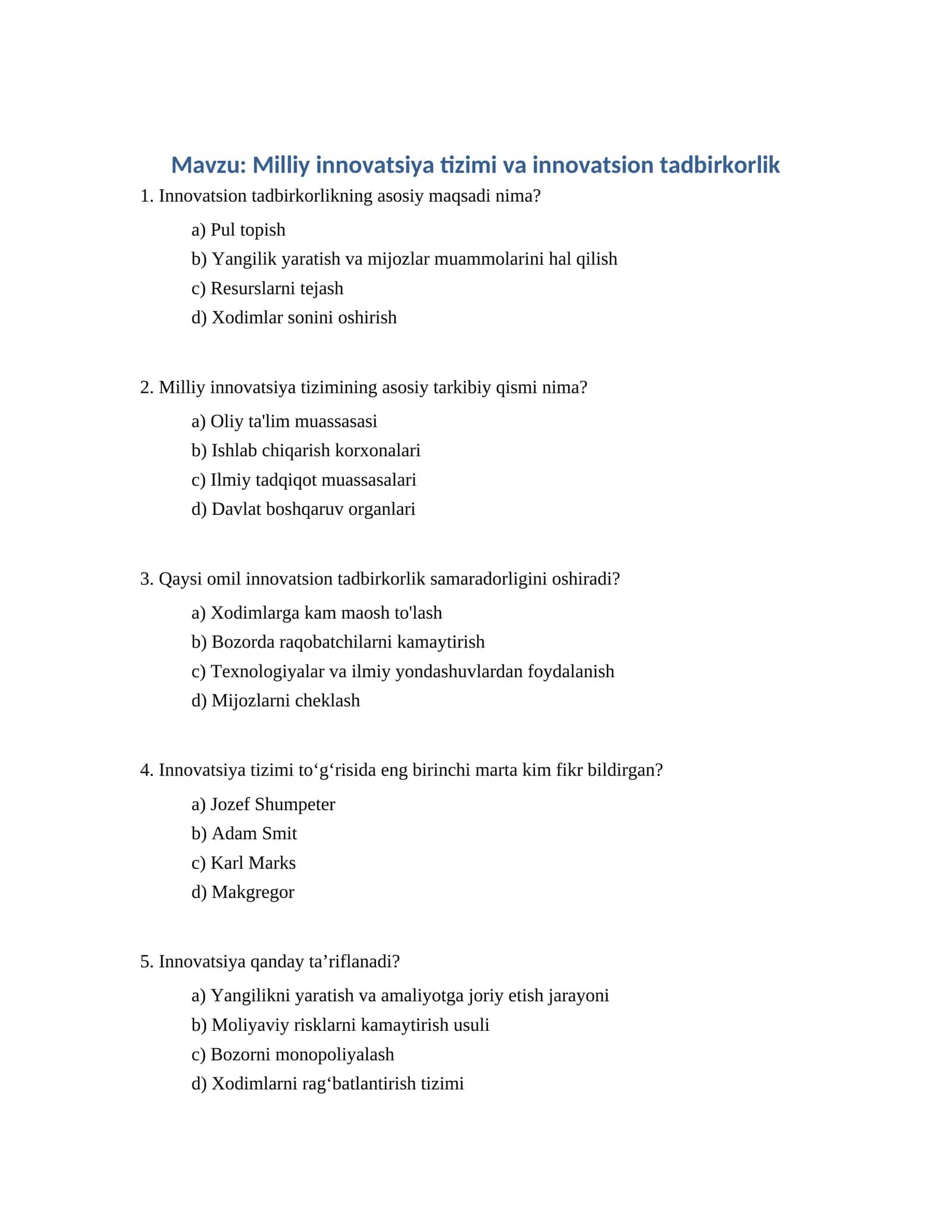 Milliy innovatsiya tizimi va innovatsion tadbirkorlik
