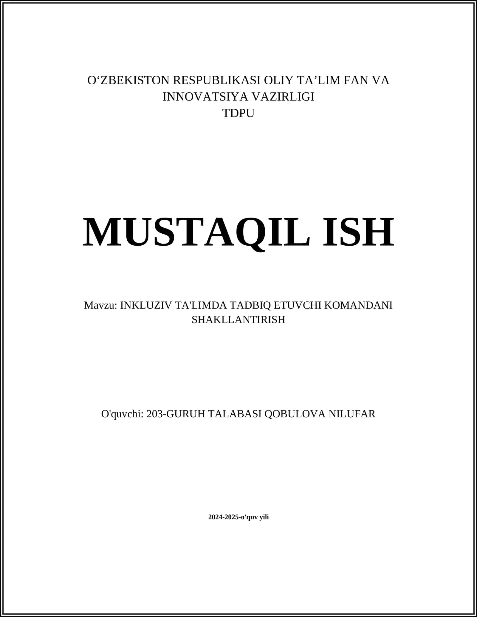 INKLUZIV TA'LIMDA TADBIQ ETUVCHI KOMANDANI SHAKLLANTIRISH