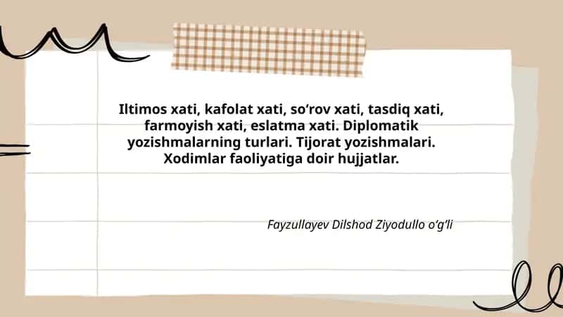 Diplomatik va tijorat yozishmalari. Xodimlar faoliyatiga doir hujjatlar