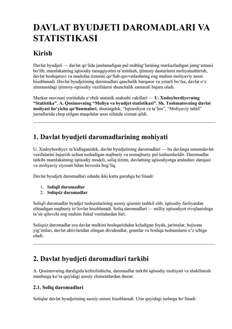 DAVLAT BYUDJETI DAROMADLARI VA STATISTIKASI