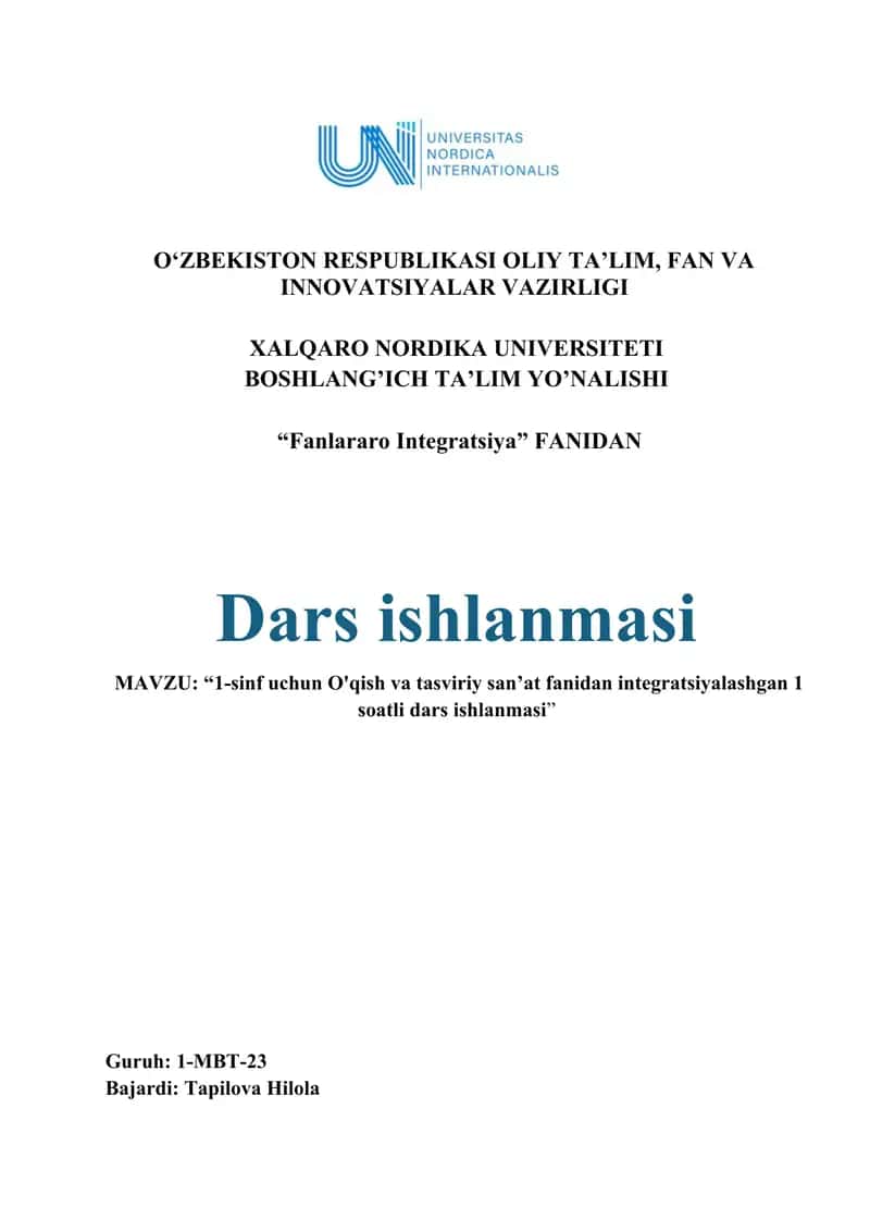 (1-sinf O'qish va tasviriy san’at fanidan integratsiyalashgan 1 soatli dars ishlanmasi.)