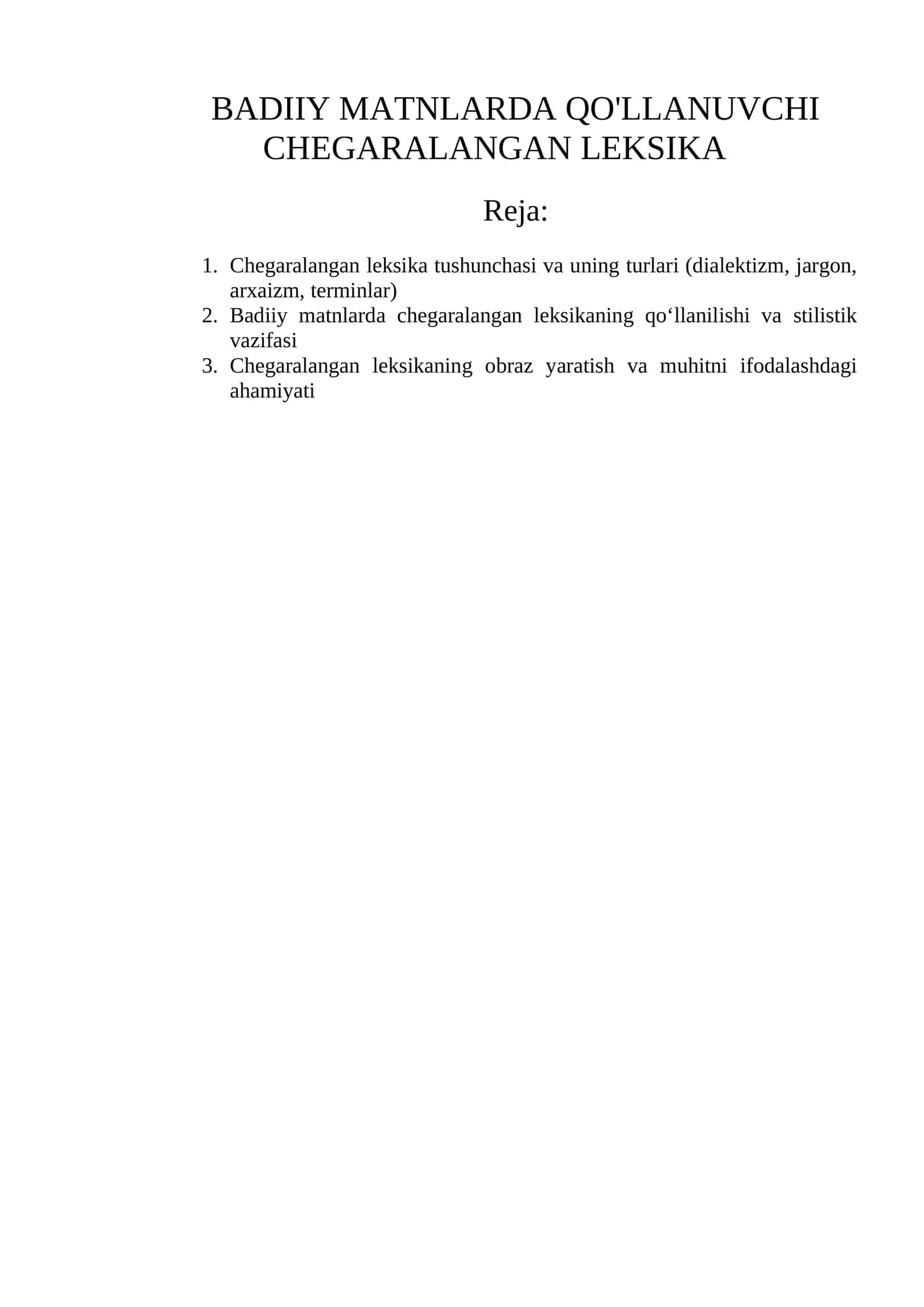 BADIIY MATNLARDA QO'LLANUVCHI CHEGARALANGAN LEKSIKA