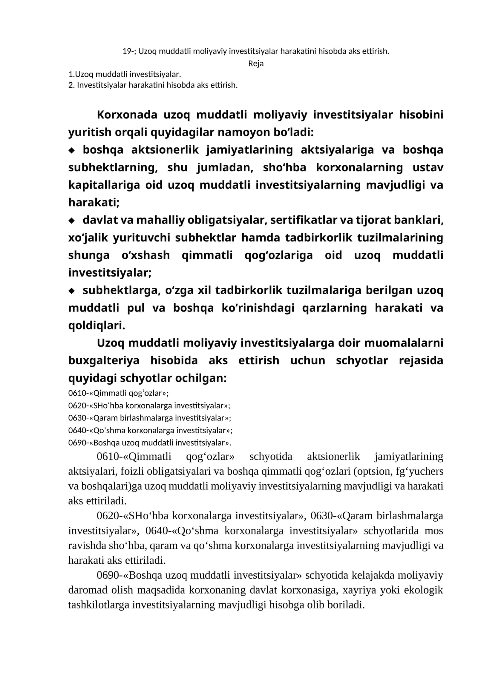 Uzoq muddatli moliyaviy investitsiyalar harakatini hisobda aks ettirish