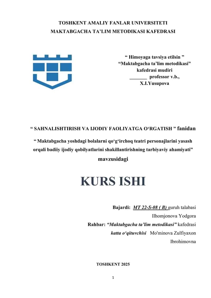 Maktabgacha yoshdagi bolalarni qoʻgʻirchoq teatri personajlarini yasash orqali badiiy ijodiy qobilyatlarini shakillantirishning tarbiyaviy ahamiyati