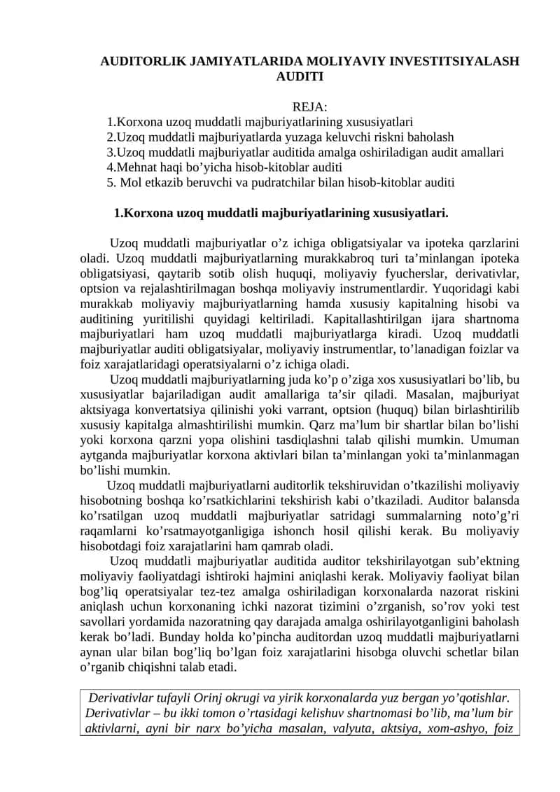 Korxona uzoq muddatli majburiyatlarining xususiyatlari