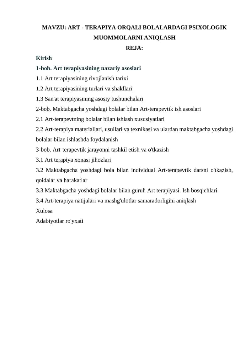 ART - TERAPIYA ORQALI BOLALARDAGI PSIXOLOGIK MUOMMOLARNI ANIQLASH