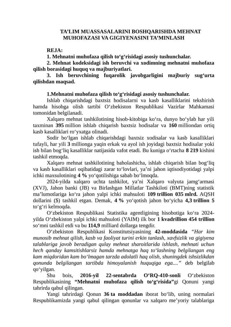 Mehnat Muhoafazasi va Gigiyenasini Ta'minlash