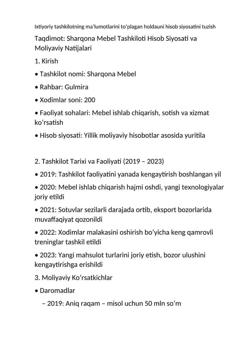 Sharqona Mebel Tashkiloti Hisob Siyosati va Moliyaviy Natijalari