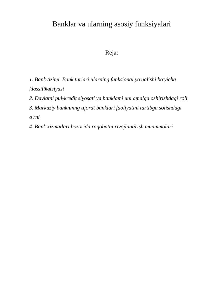 Banklar va ularning asosiy funksiyalari