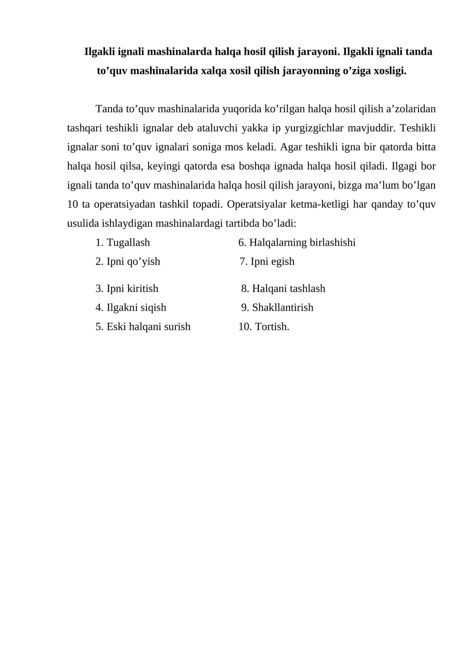 Ilgakli ignali mashinalarda halqa hosil qilish jarayoni