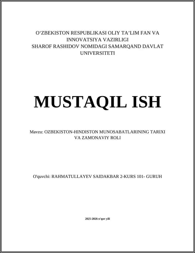 O‘ZBEKISTON-HINDISTON MUNOSABATLARINING TARIXI VA ZAMONAVIY ROLI
