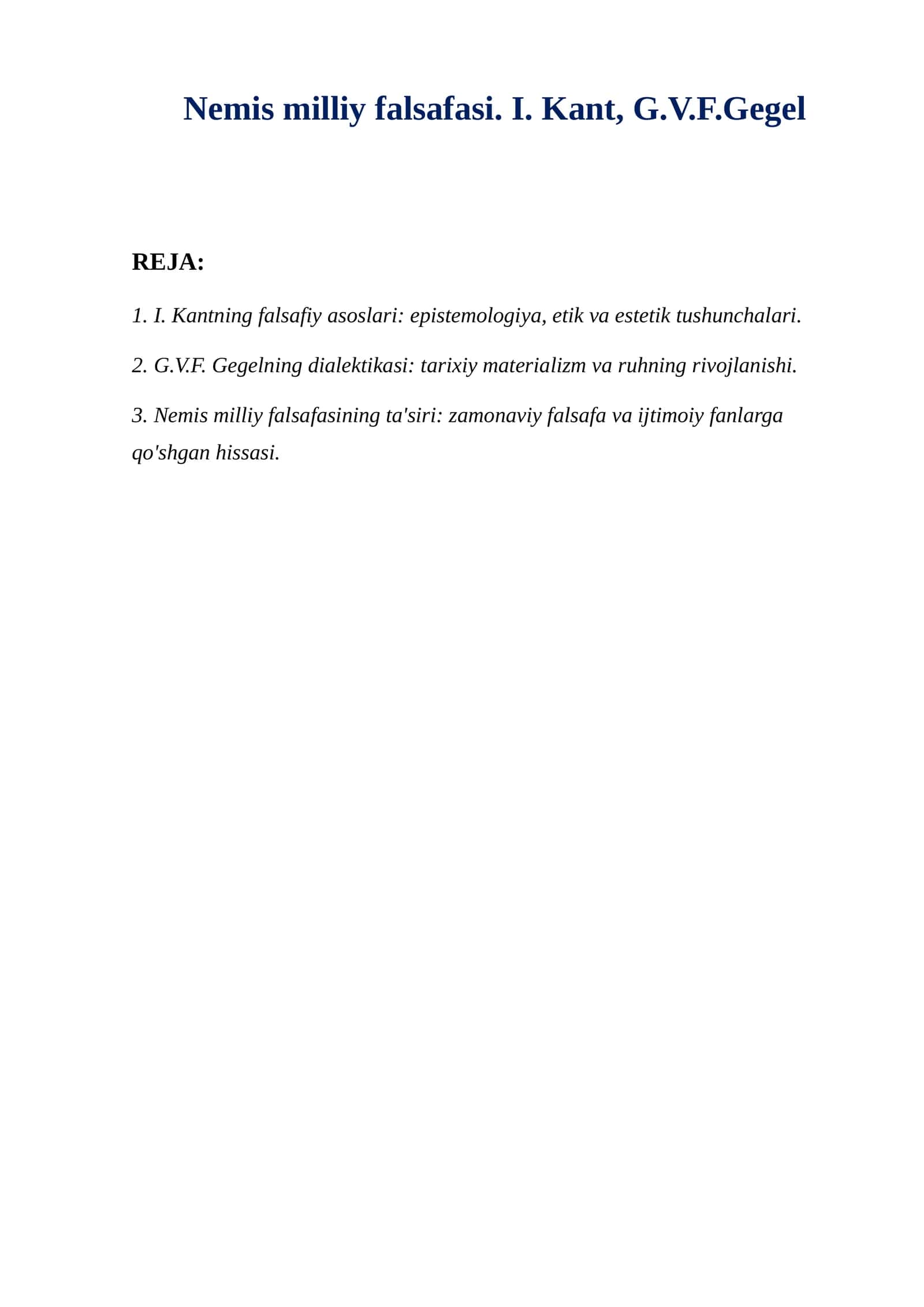 Nemis milliy falsafasi. I. Kant, G.V.F.Gegel