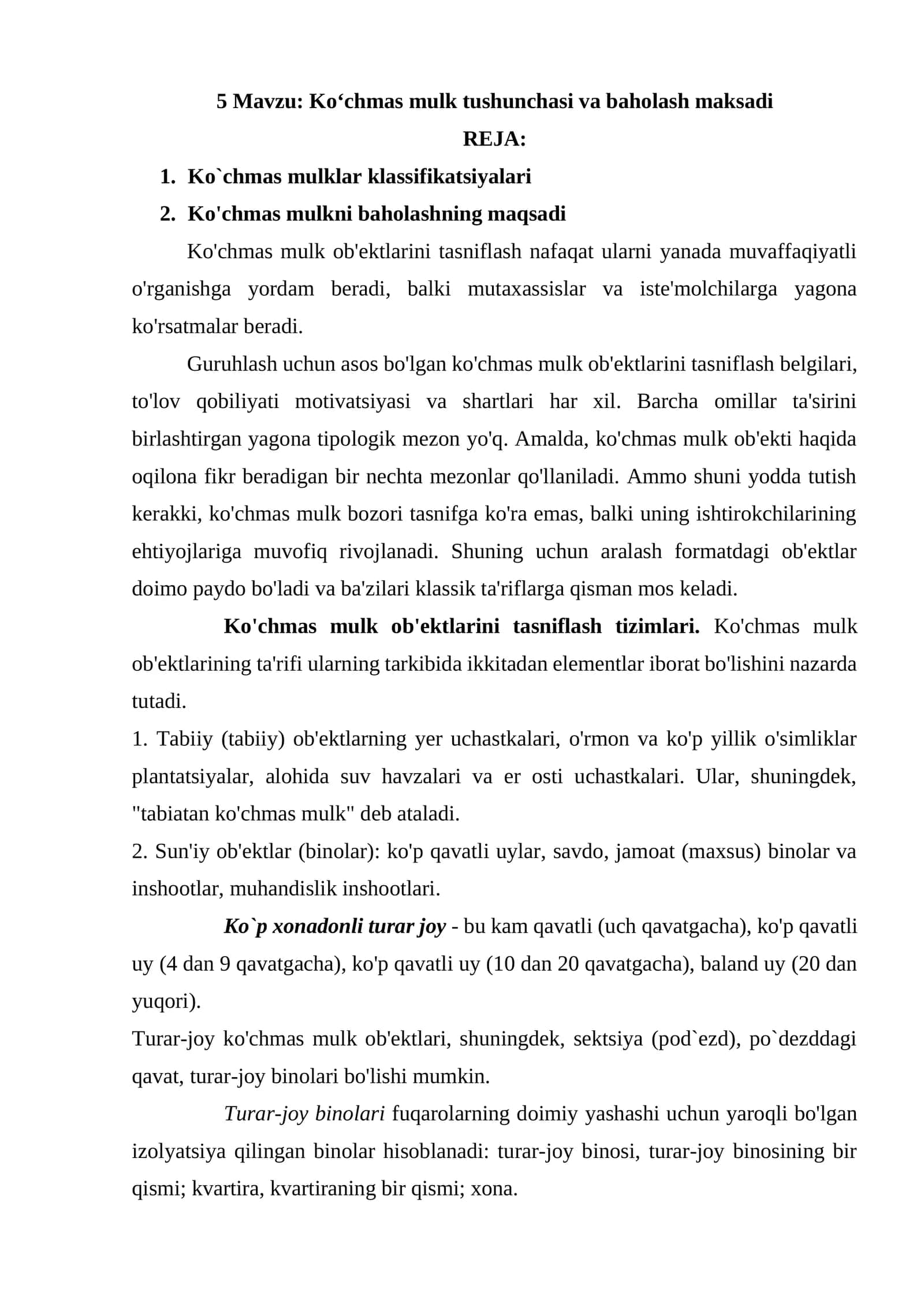 Ko‘chmas mulk tushunchasi va baholash maksadi