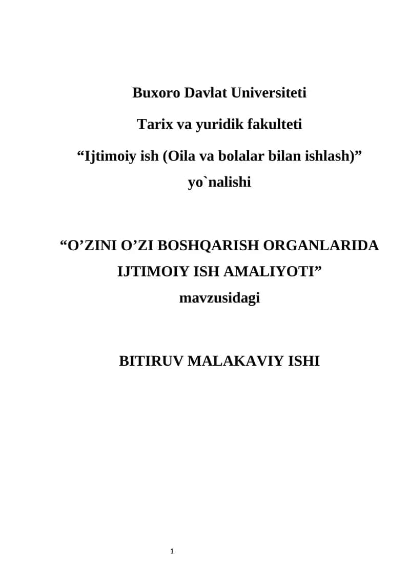 O’ZINI O’ZI BOSHQARISH ORGANLARIDA IJTIMOIY ISH AMALIYOTI