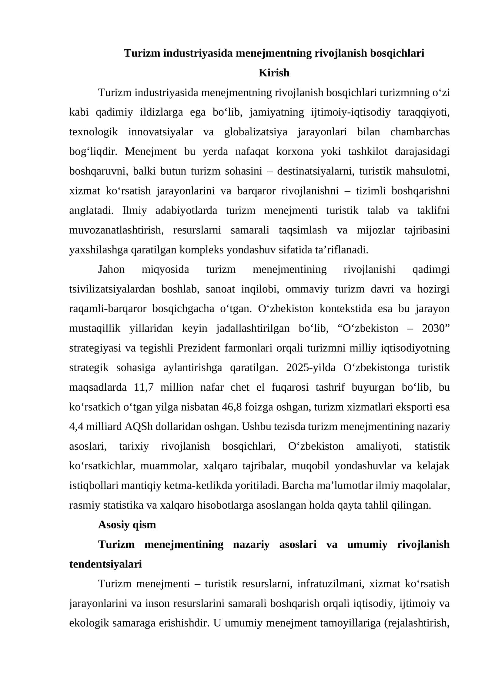 Turizm industriyasida menejmentning rivojlanish bosqichlari