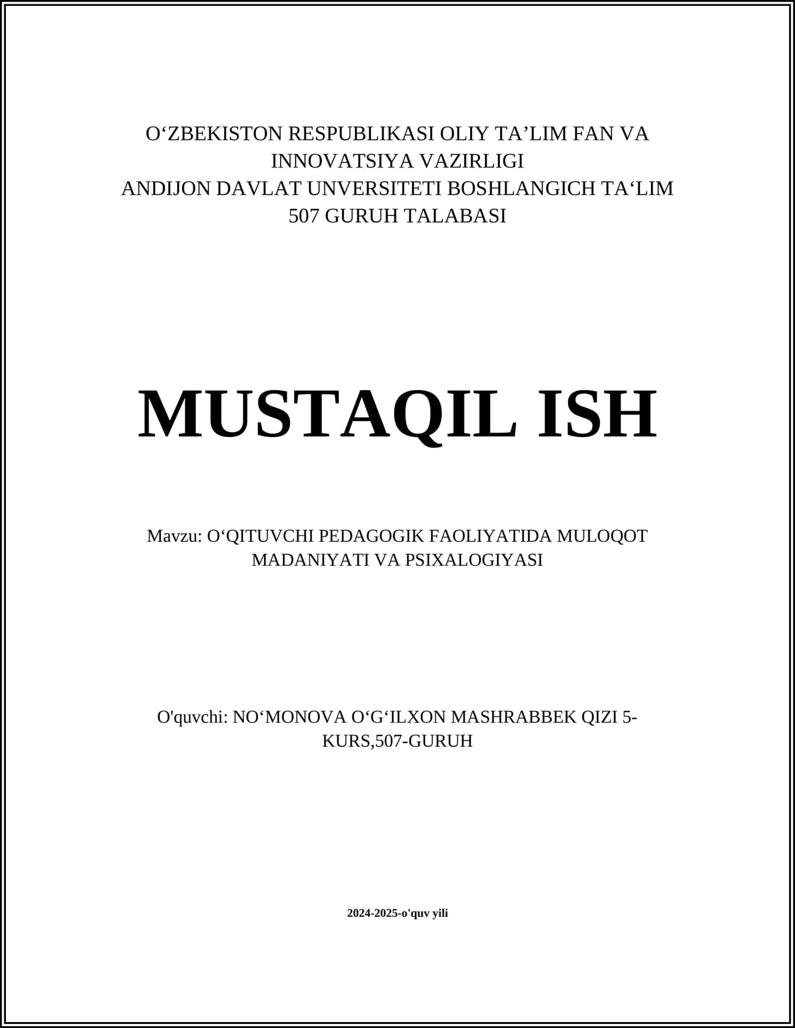 O‘QITUVCHI PEDAGOGIK FAOLIYATIDA MULOQOT MADANIYATI VA PSIXALOGIYASI