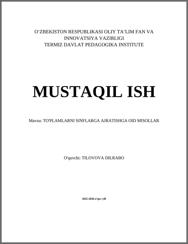 TO'PLAMLARNI SINFLARGA AJRATISHGA OID MISOLLAR
