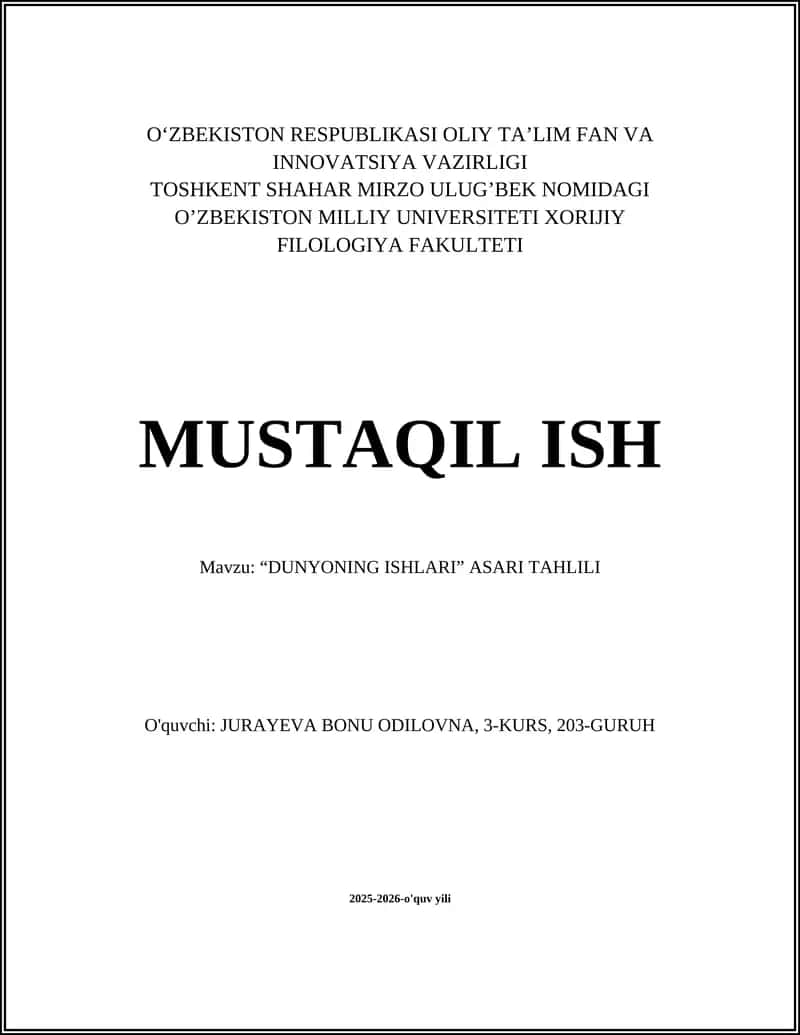 "DUNYONING ISHLARI" ASARI TAHLILI