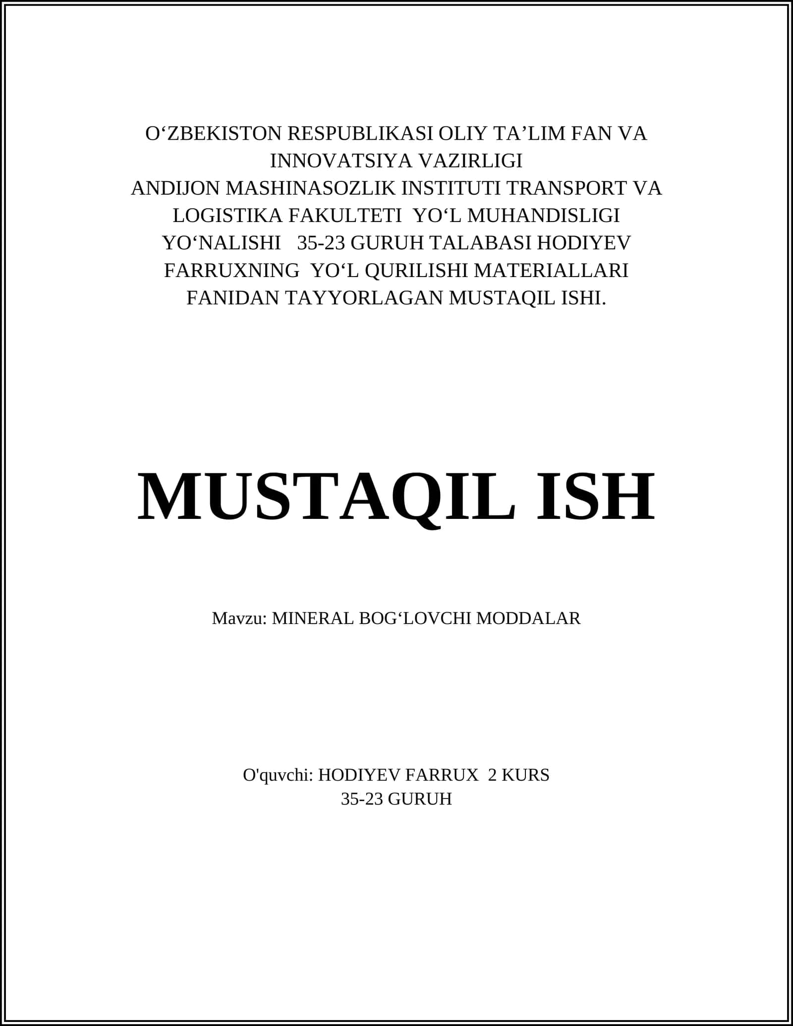 MINERAL BOGʻLOVCHI MODDALAR