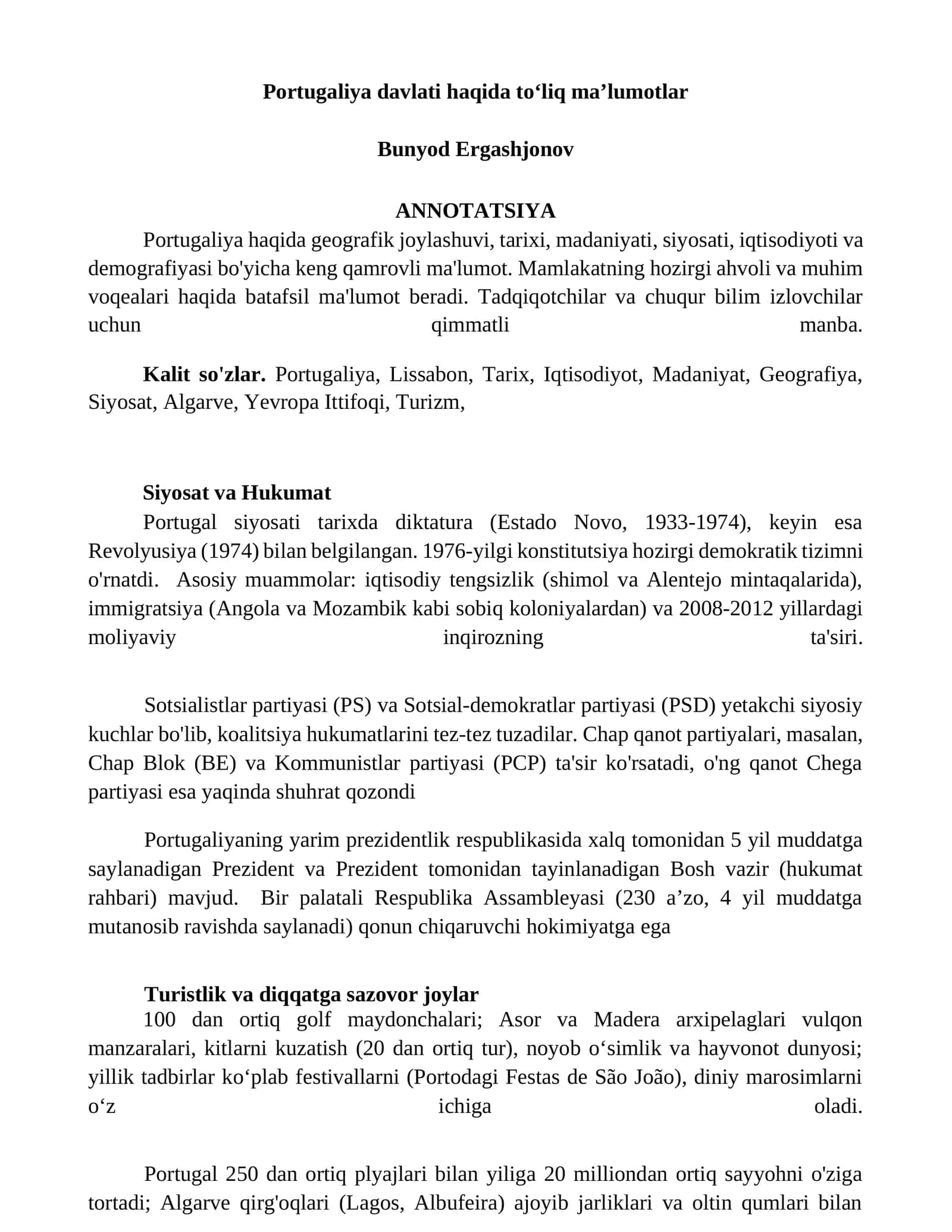 Portugaliya davlati haqida toʻliq maʼlumotlar