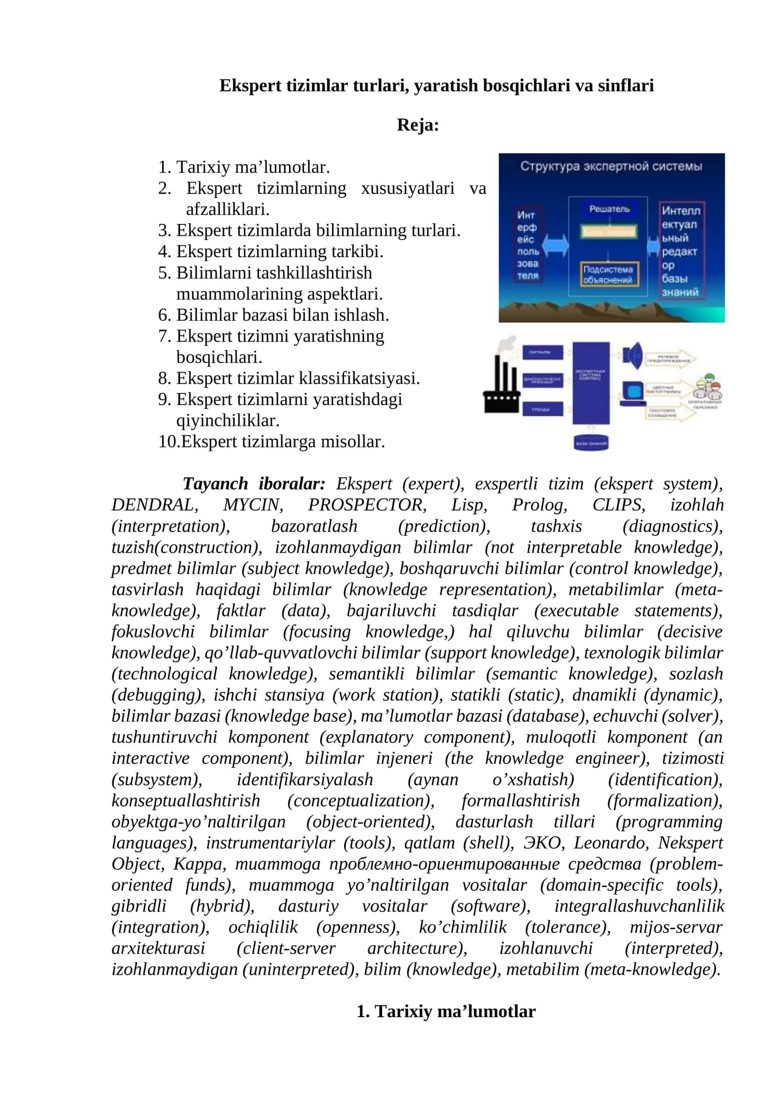 Ekspert tizimlar turlari, yaratish bosqichlari va sinflari