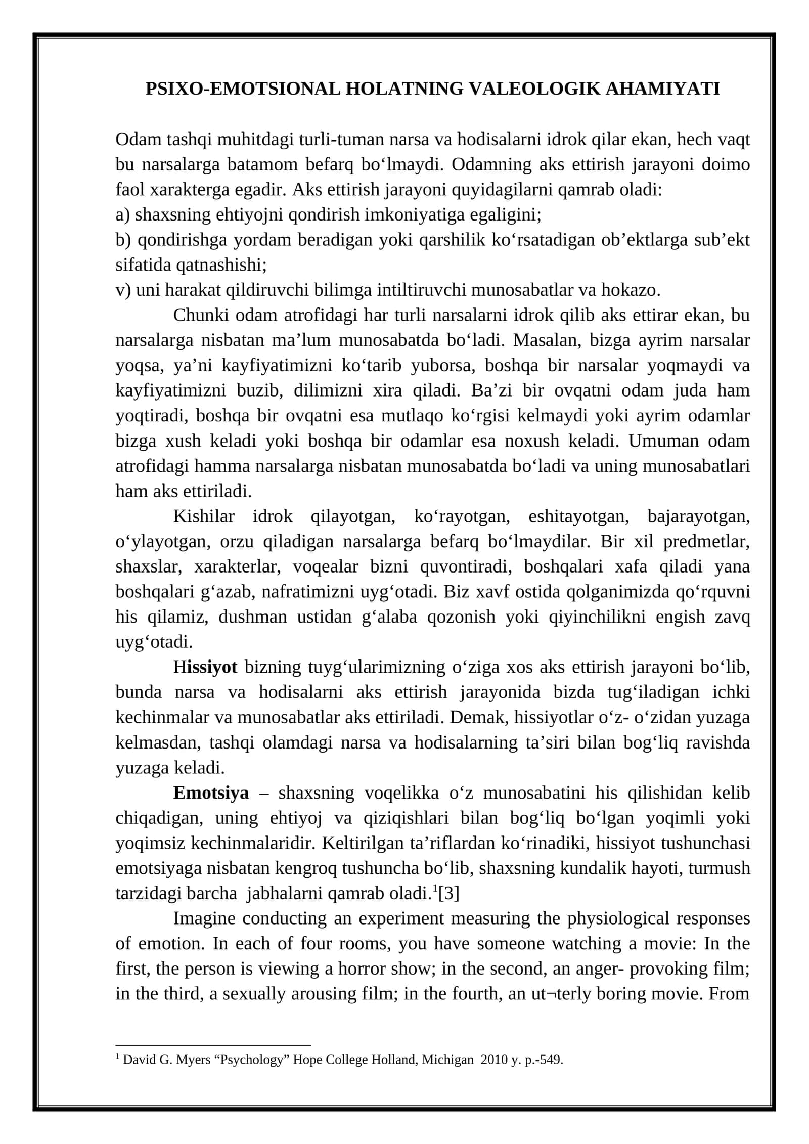 PSIXO-EMOTSIONAL HOLATNING VALEOLOGIK AHAMIYATI