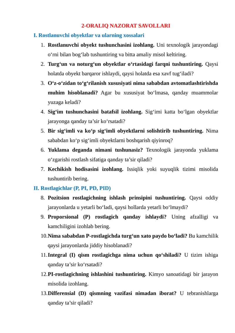 ORALIQ NAZORAT SAVOLLARI