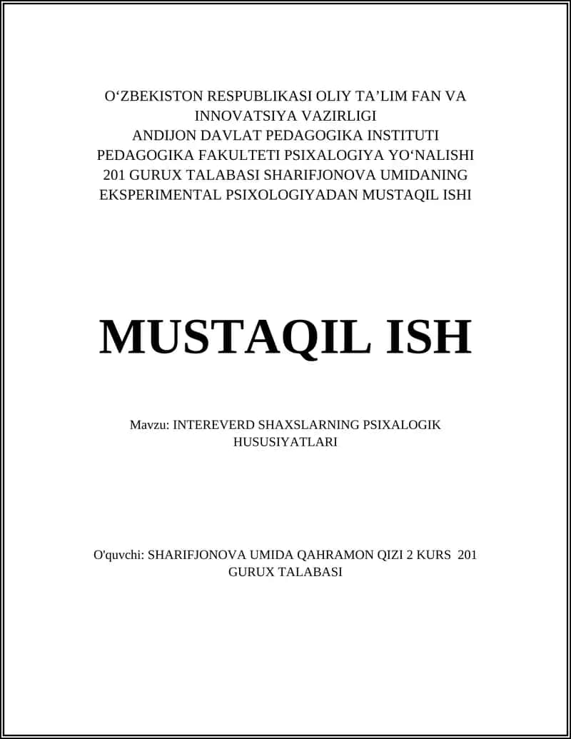 INTEREVERD SHAXSLARNING PSIXALOGIK HUSUSIYATLARI