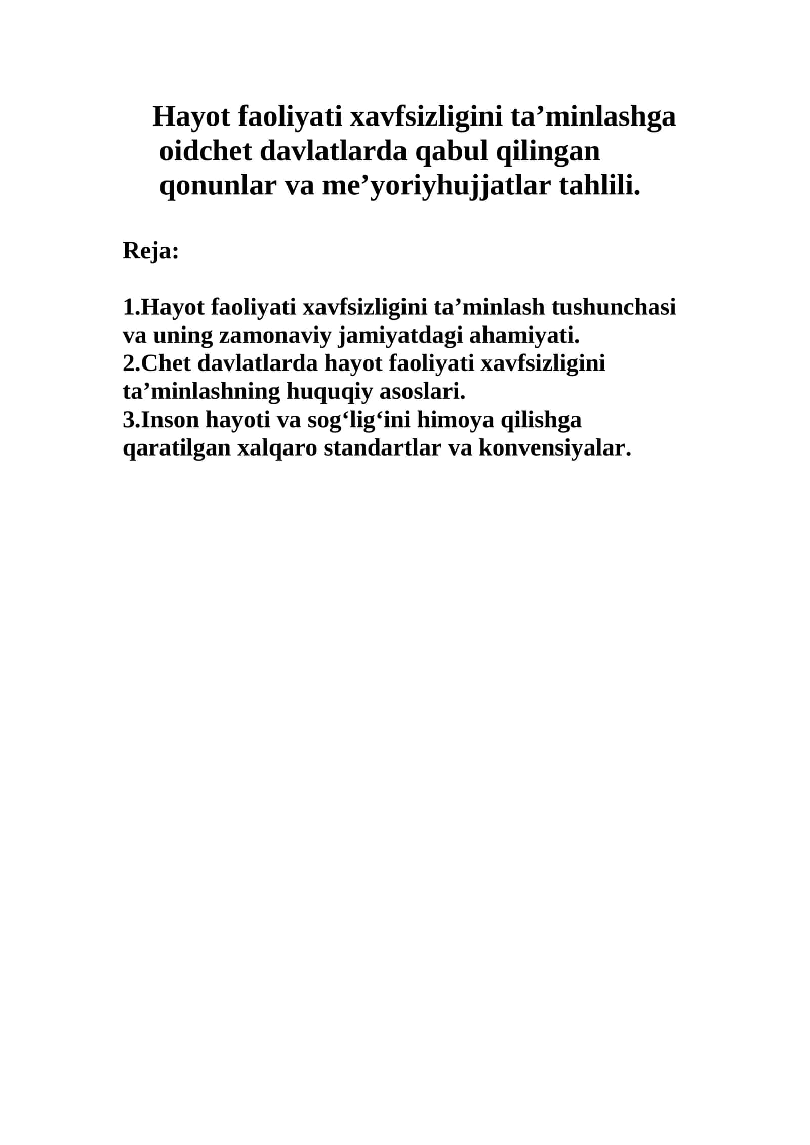 Hayot faoliyati xavfsizligini ta’minlashga oidchet davlatlarda qabul qilingan qonunlar va me’yoriyhujjatlar tahlili