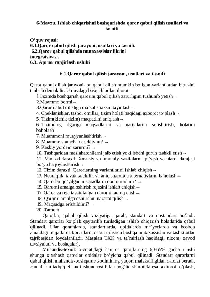 Ishlab chiqarishni boshqarishda qaror qabul qilish usullari va tasnifi