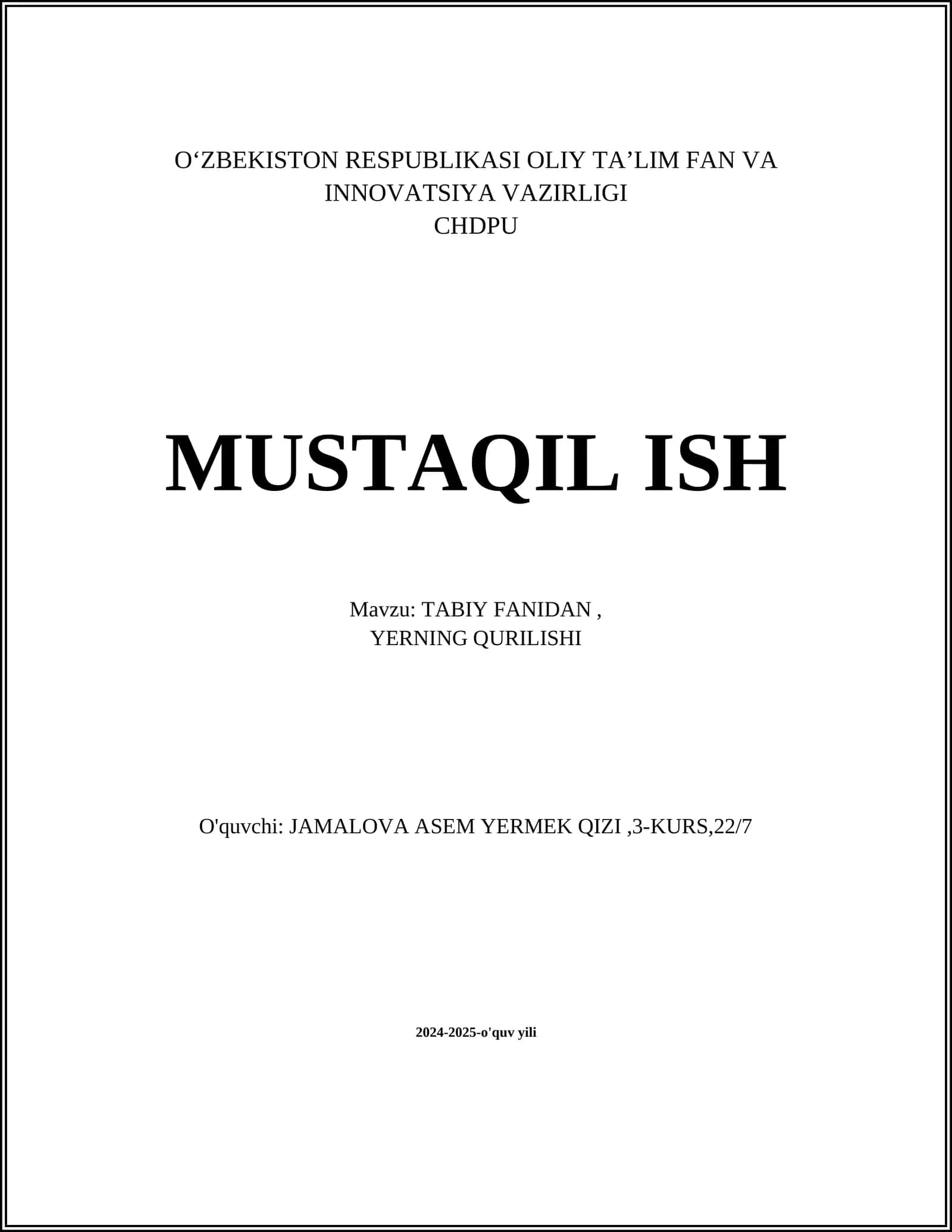 TABIY FANIDAN, YERNING QURILISHI