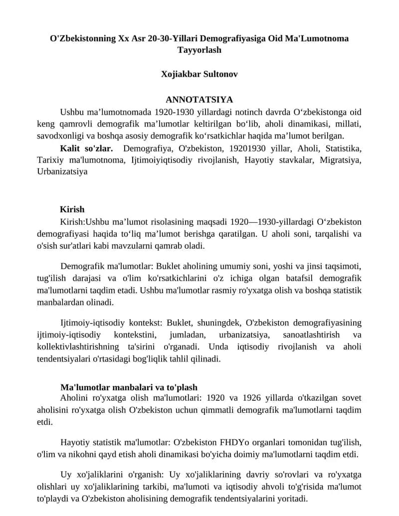 O'Zbekistonning Xx Asr 20-30-Yillari Demografiyasiga Oid Ma'Lumotnoma Tayyorlash