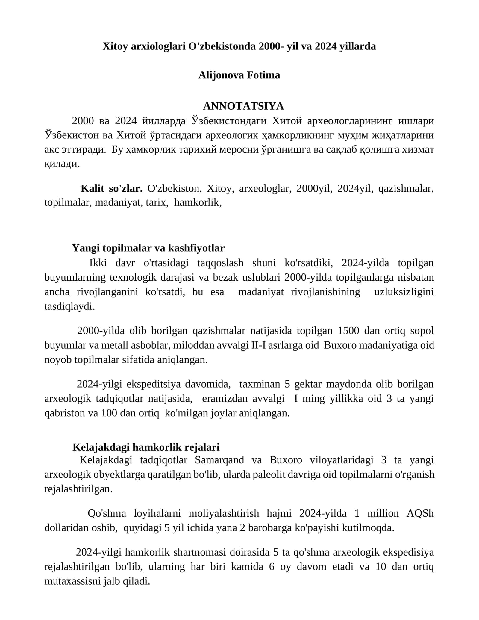 Xitoy arxiologlari O'zbekistonda 2000- yil va 2024 yillarda