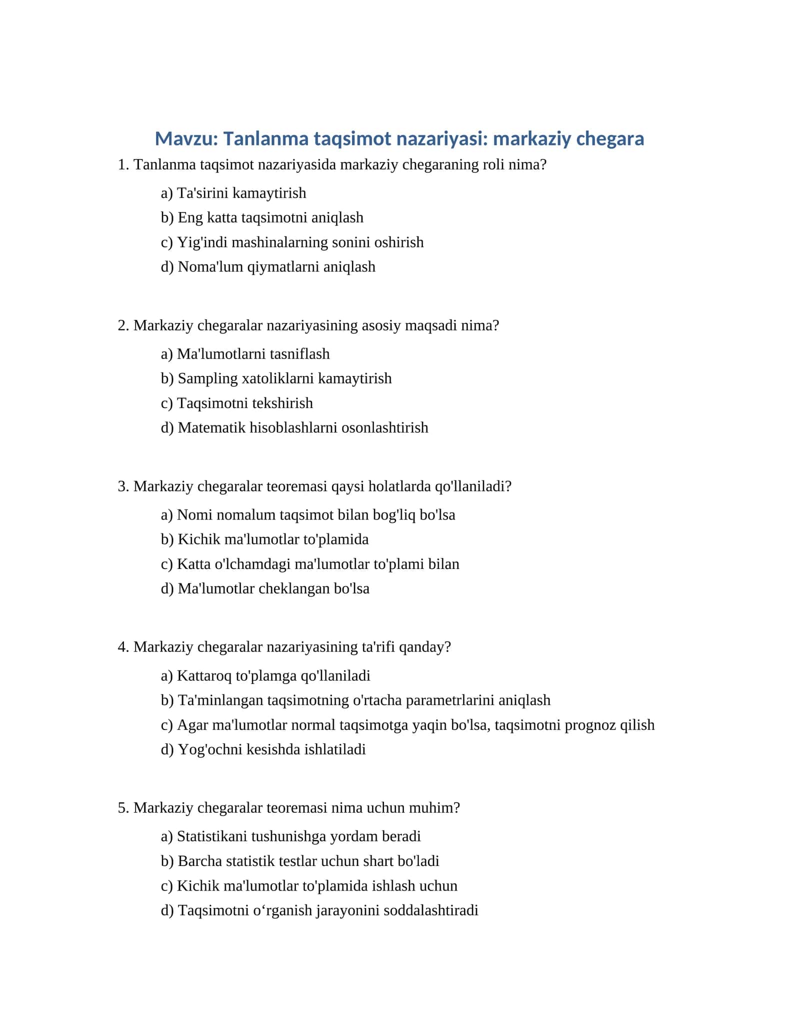 Tanlanma taqsimot nazariyasi: markaziy chegara