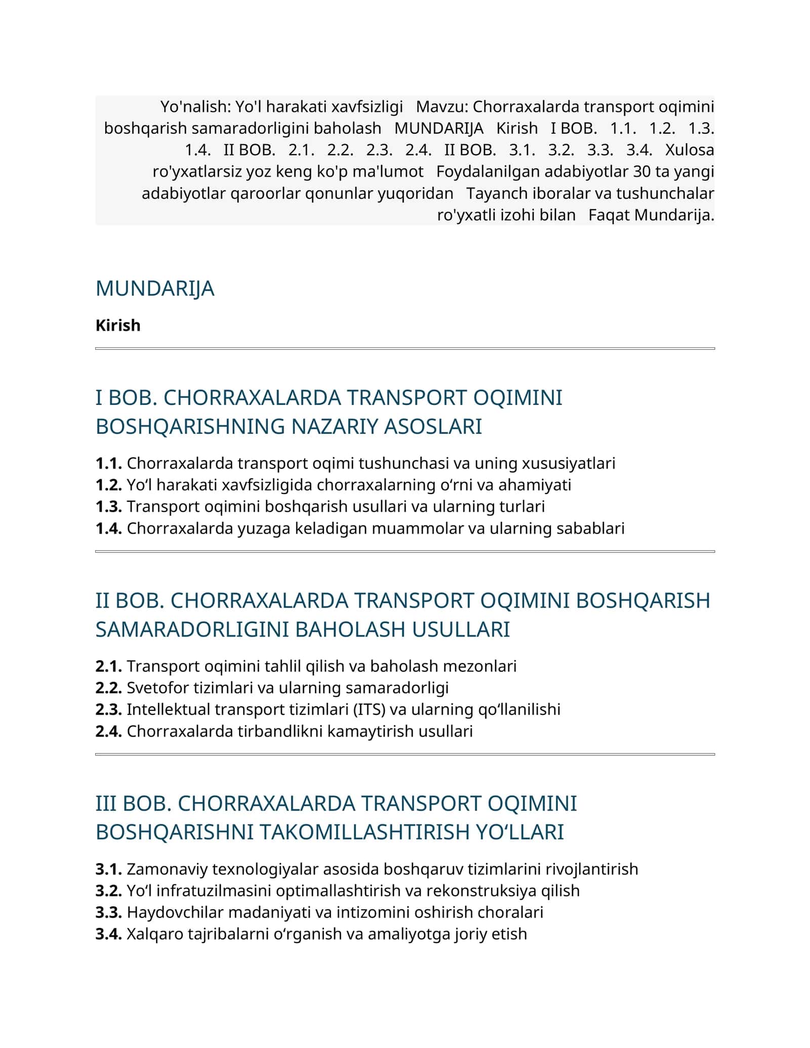 Chorraxalarda transport oqimini boshqarish samaradorligini baholash