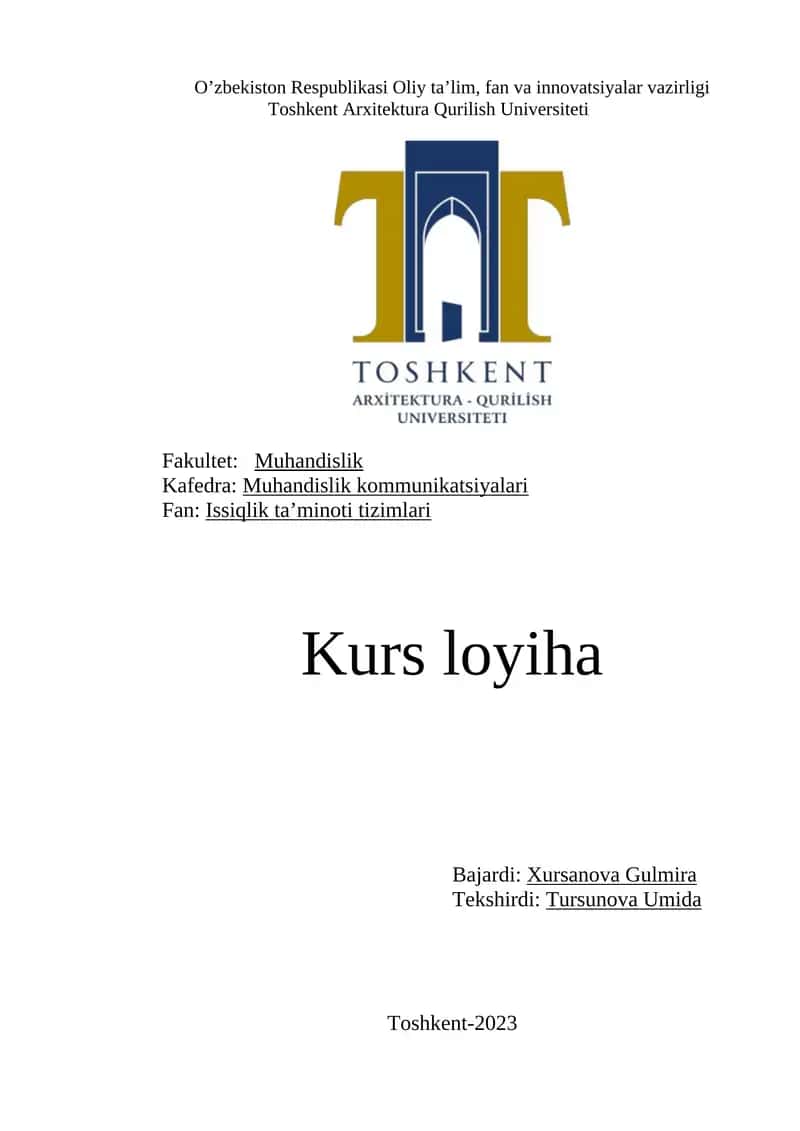 Issiqlik ta’minoti tizimlari Kurs loyiha