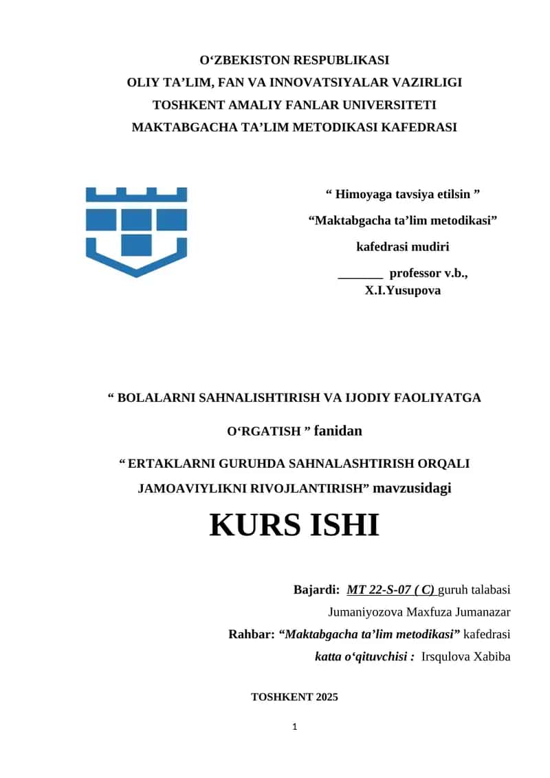 ERTAKLARNI GURUHDA SAHNALASHTIRISH ORQALI JAMOAVIYLIKNI RIVOJLANTIRISH