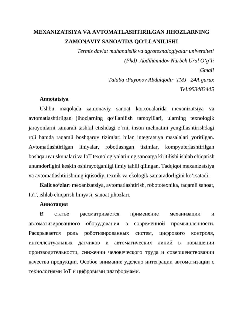 MEXANIZATSIYA VA AVTOMATLASHTIRILGAN JIHOZLARNING ZAMONAVIY SANOATDA QO‘LLANILISHI