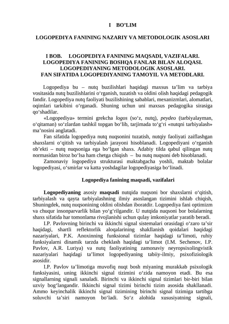 Logopediya fanining nazariy va metodologik asoslari