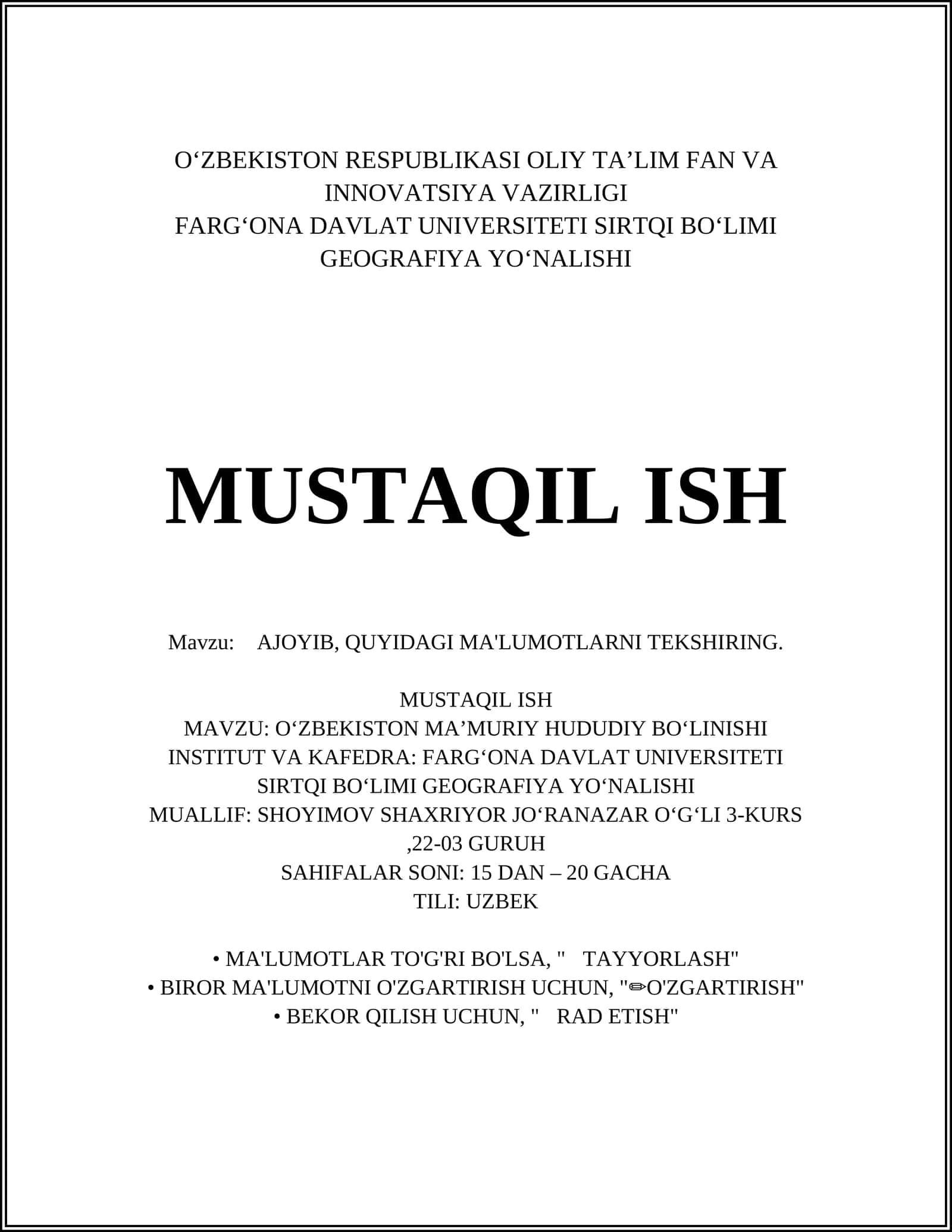 O‘zbekiston Respublikasi ma’muriy hududiy tuzilishi