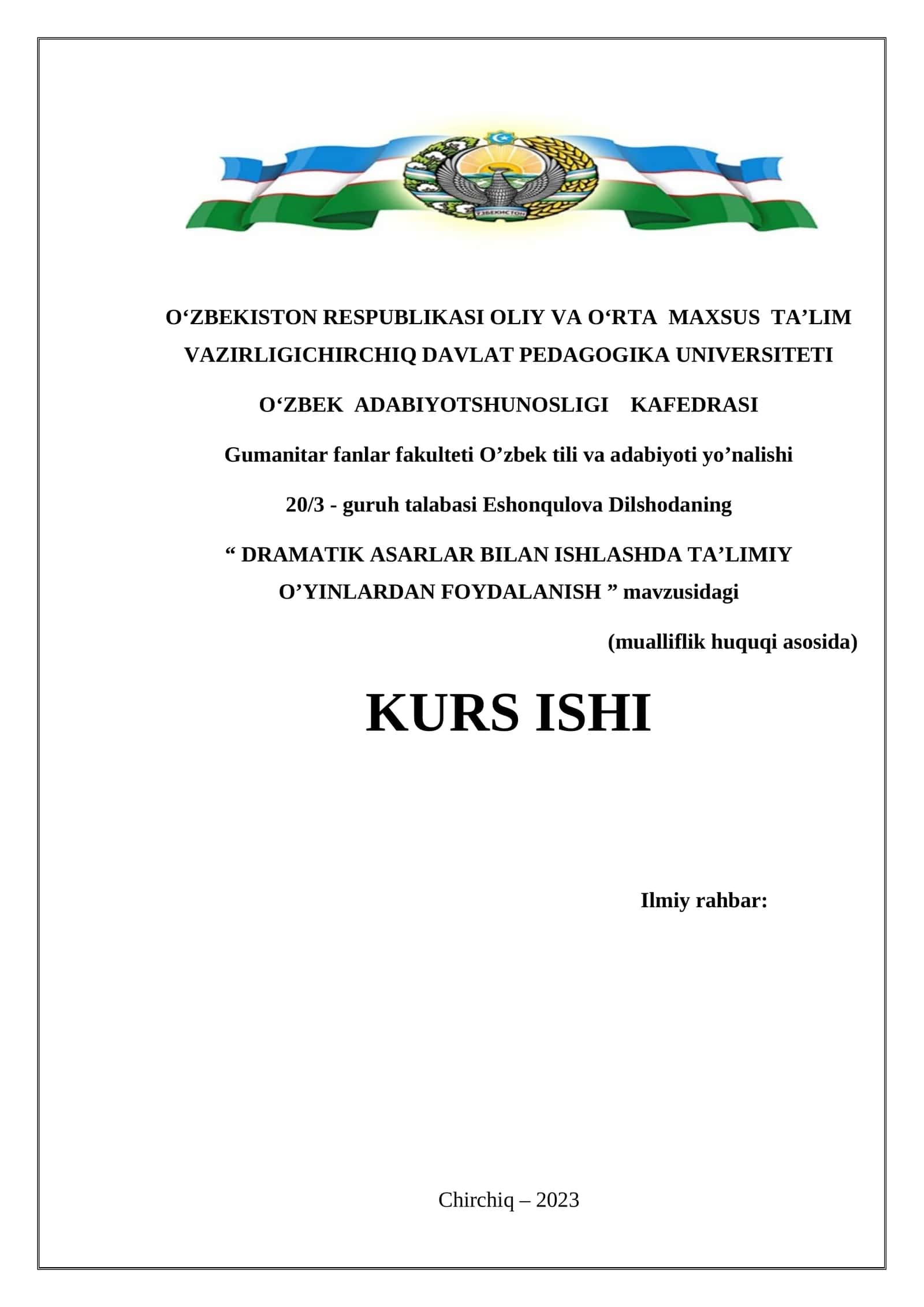 DRAMATIK ASARLAR BILAN ISHLASHDA TA’LIMIY O’YINLARDAN FOYDALANISH
